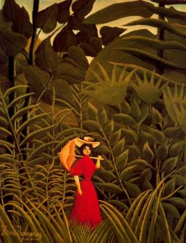 Woman with an Umbrella in an Exotic Forest